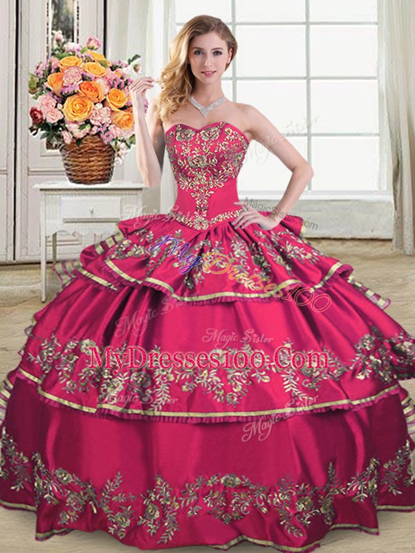 Classical Sweetheart Sleeveless Bridesmaid Dresses Floor Length Embroidery and Ruffled Layers Hot Pink Organza