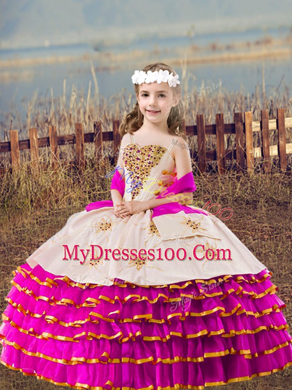 Glorious Straps Sleeveless Pageant Dress Toddler Floor Length Beading and Embroidery and Ruffled Layers Fuchsia Organza
