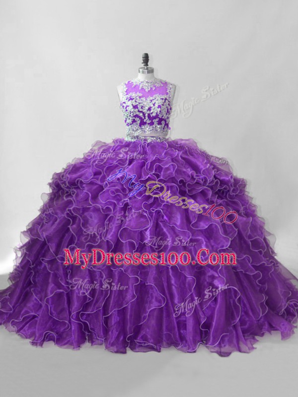 Delicate Zipper Quinceanera Dresses Purple for Sweet 16 and Quinceanera with Beading and Ruffles Brush Train