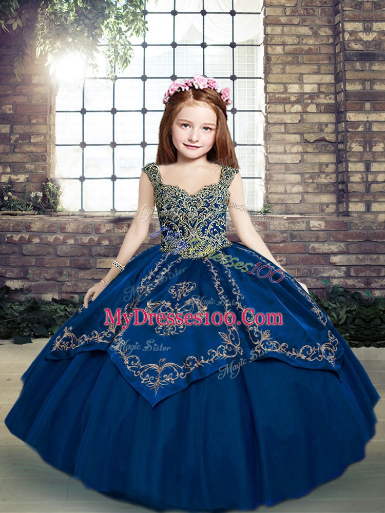 Discount Blue Little Girls Pageant Dress Wholesale Party and Sweet 16 and Wedding Party with Beading and Embroidery Straps Sleeveless Lace Up