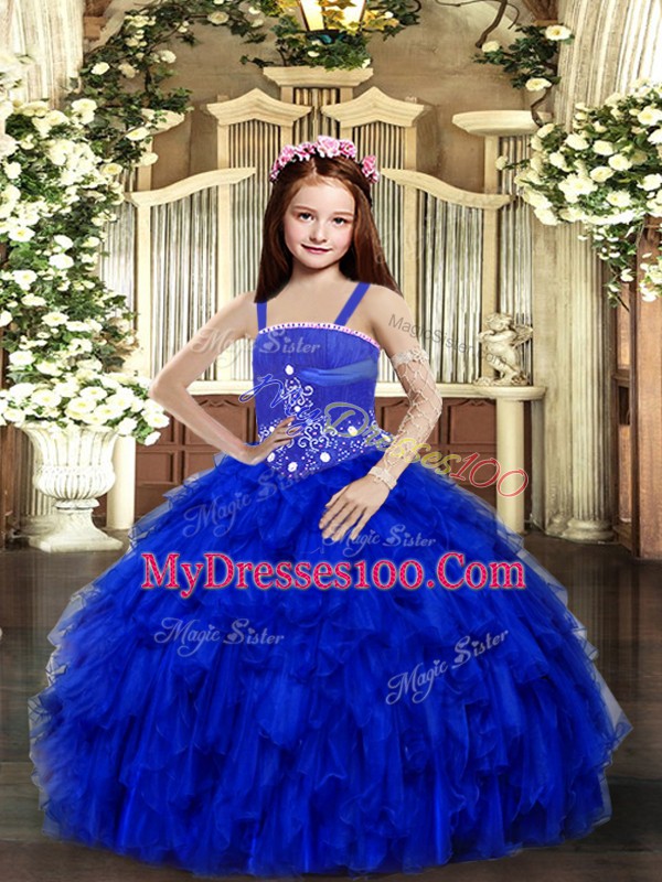 Royal Blue Lace Up Straps Beading and Ruffles Child Pageant Dress Tulle Sleeveless