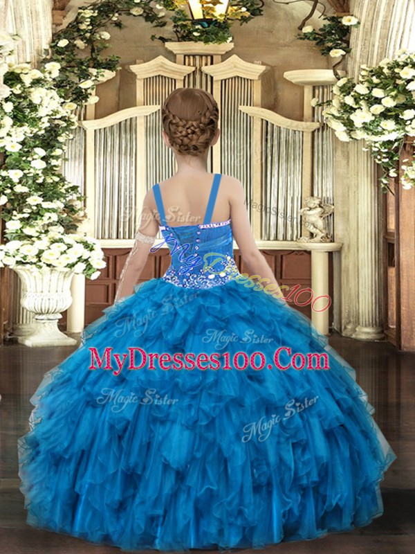 Royal Blue Lace Up Straps Beading and Ruffles Child Pageant Dress Tulle Sleeveless