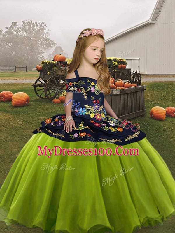 Olive Green Ball Gowns Organza Straps Sleeveless Embroidery Floor Length Lace Up Pageant Gowns For Girls