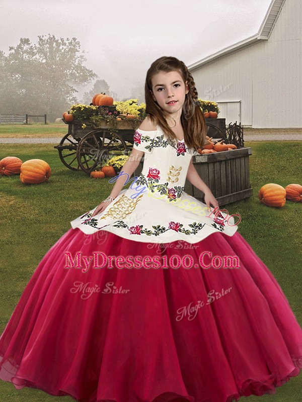 Hot Sale Sleeveless Lace Up Floor Length Embroidery Little Girls Pageant Dress