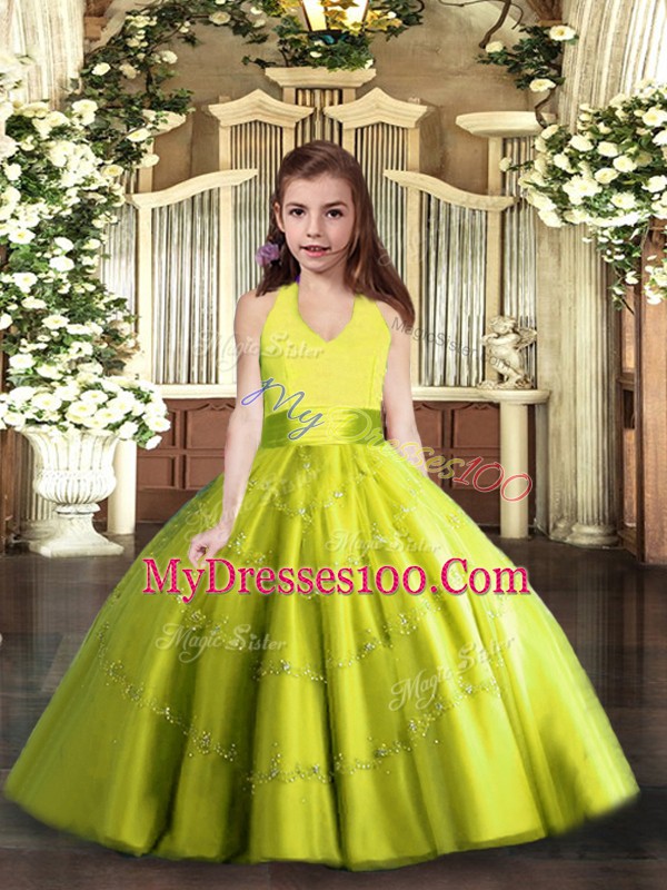 Unique Yellow Green Sleeveless Beading Floor Length Little Girls Pageant Dress
