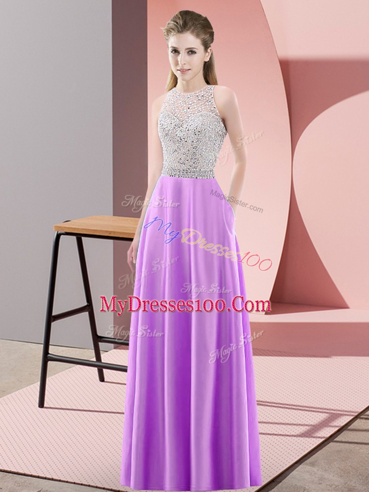 On Sale Lavender Empire Satin Scoop Sleeveless Beading Floor Length Backless Prom Party Dress