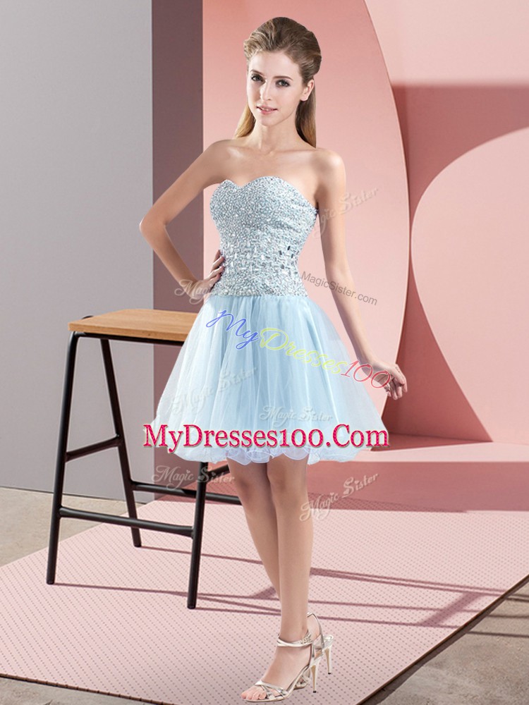 Unique Light Blue Zipper Evening Dress Beading Sleeveless Mini Length