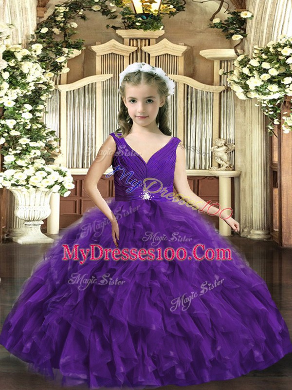 Gorgeous Purple Organza Backless Little Girl Pageant Gowns Sleeveless Floor Length Beading and Ruffles