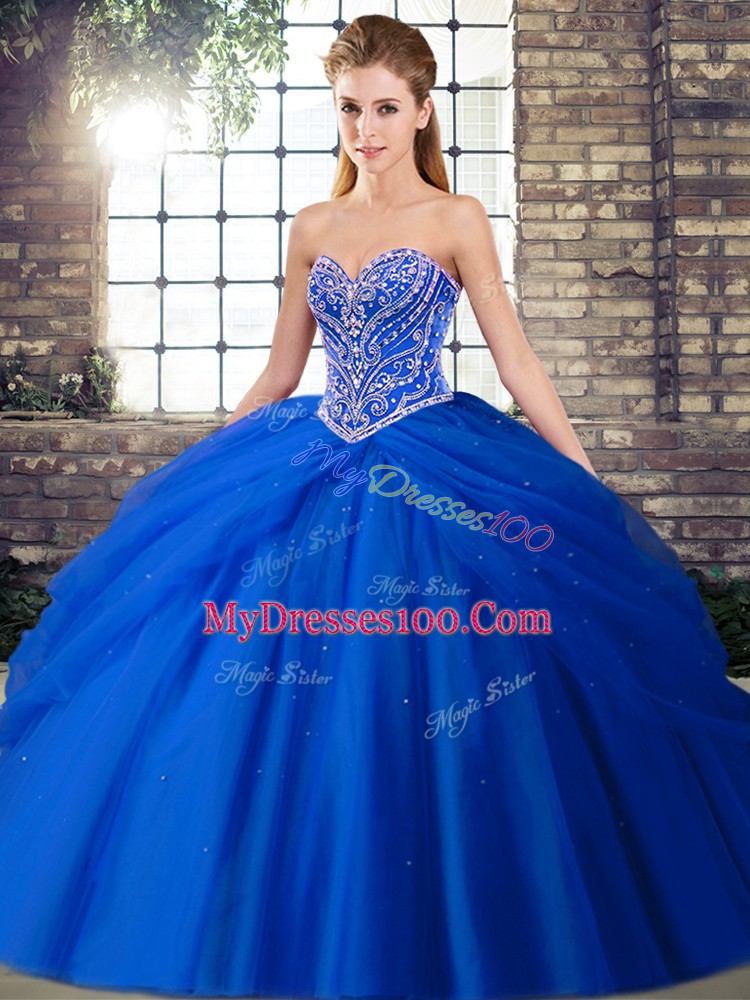 Royal Blue Lace Up Sweetheart Beading and Pick Ups Quince Ball Gowns Tulle Sleeveless Brush Train