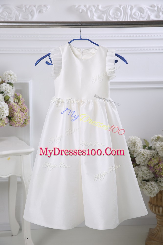 Shining White Satin Zipper Scoop Sleeveless Tea Length Flower Girl Dresses for Less Ruching