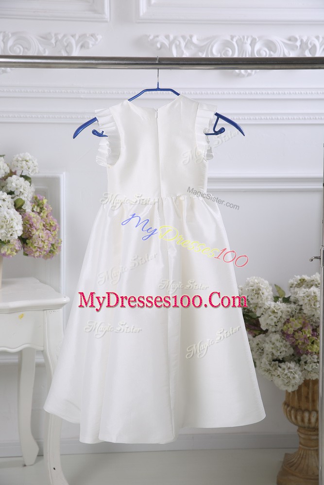 Shining White Satin Zipper Scoop Sleeveless Tea Length Flower Girl Dresses for Less Ruching