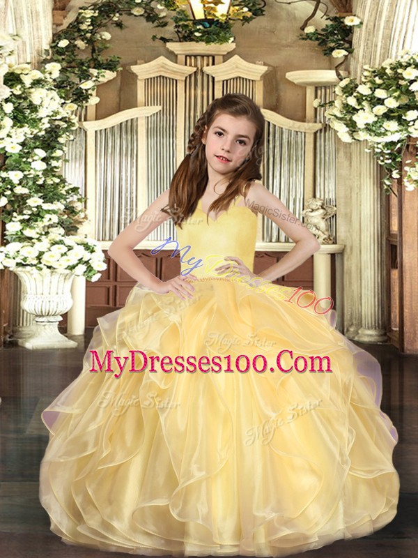 Popular Gold Sleeveless Organza Lace Up Little Girl Pageant Gowns for Party and Sweet 16 and Wedding Party