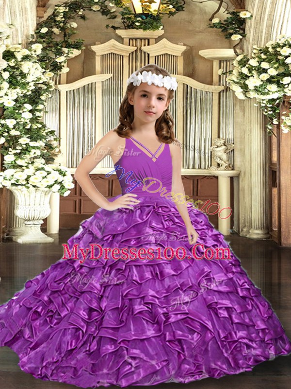 V-neck Sleeveless Organza Child Pageant Dress Ruffles and Ruching Zipper