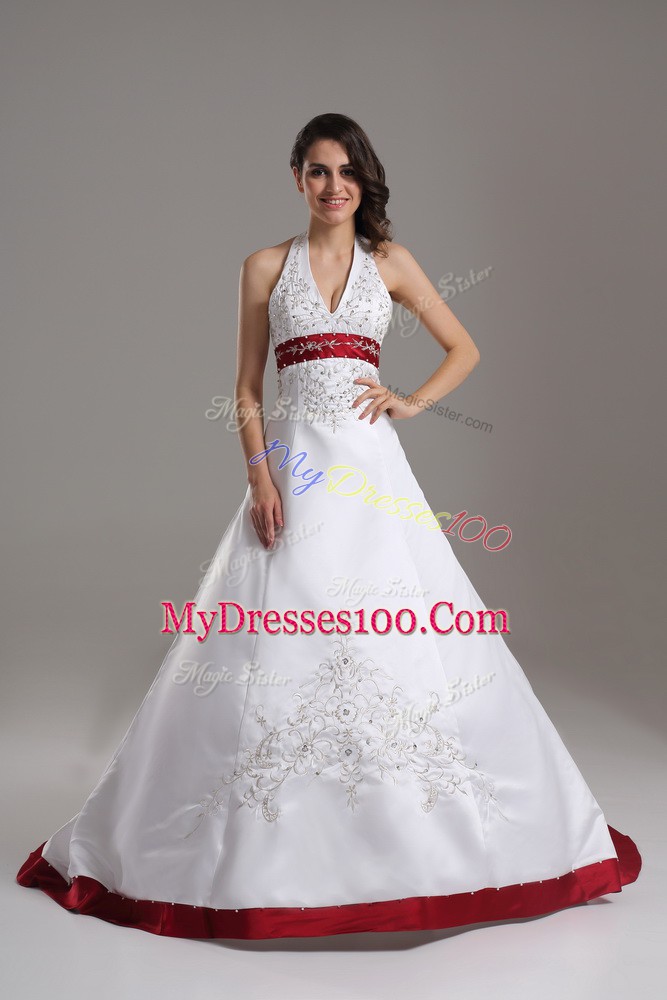 White Wedding Dresses Wedding Party with Beading and Embroidery Halter Top Sleeveless Brush Train Lace Up