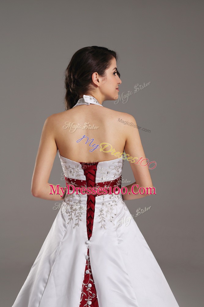 White Wedding Dresses Wedding Party with Beading and Embroidery Halter Top Sleeveless Brush Train Lace Up