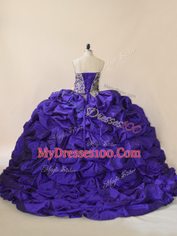 Latest Purple Lace Up Quince Ball Gowns Embroidery and Pick Ups Sleeveless Brush Train