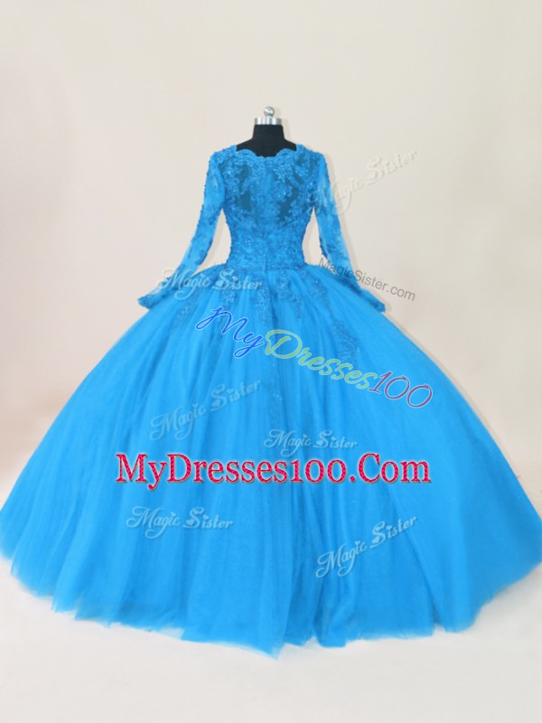 Glorious Blue Ball Gowns Tulle Scalloped Long Sleeves Lace and Appliques Floor Length Zipper Ball Gown Prom Dress