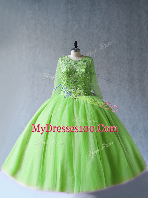 Long Sleeves Tulle Floor Length Lace Up Sweet 16 Quinceanera Dress in Green with Beading