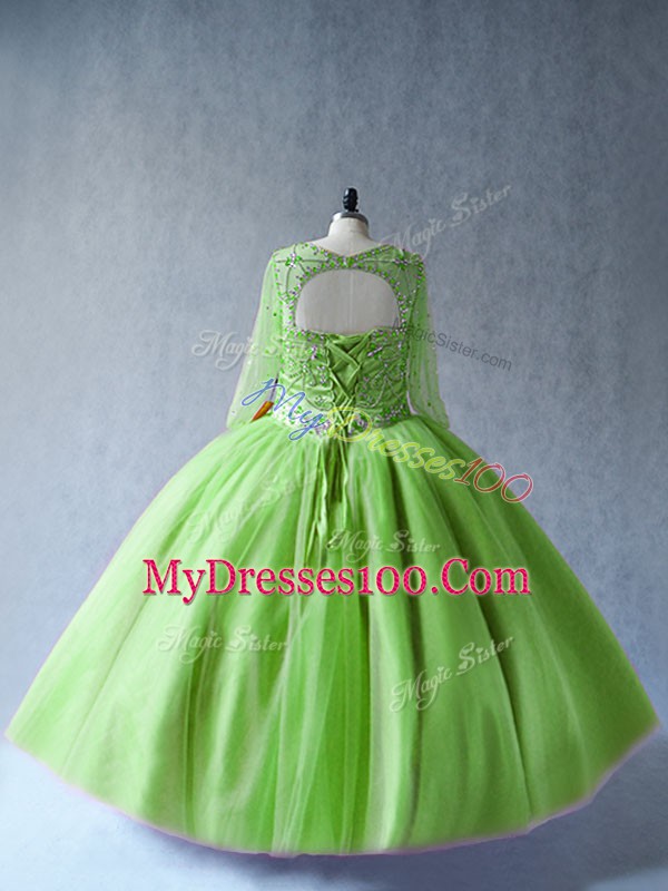 Long Sleeves Tulle Floor Length Lace Up Sweet 16 Quinceanera Dress in Green with Beading
