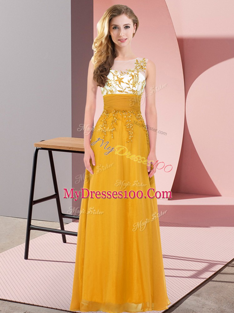 Glittering Gold Chiffon Backless Scoop Sleeveless Floor Length Quinceanera Dama Dress Appliques