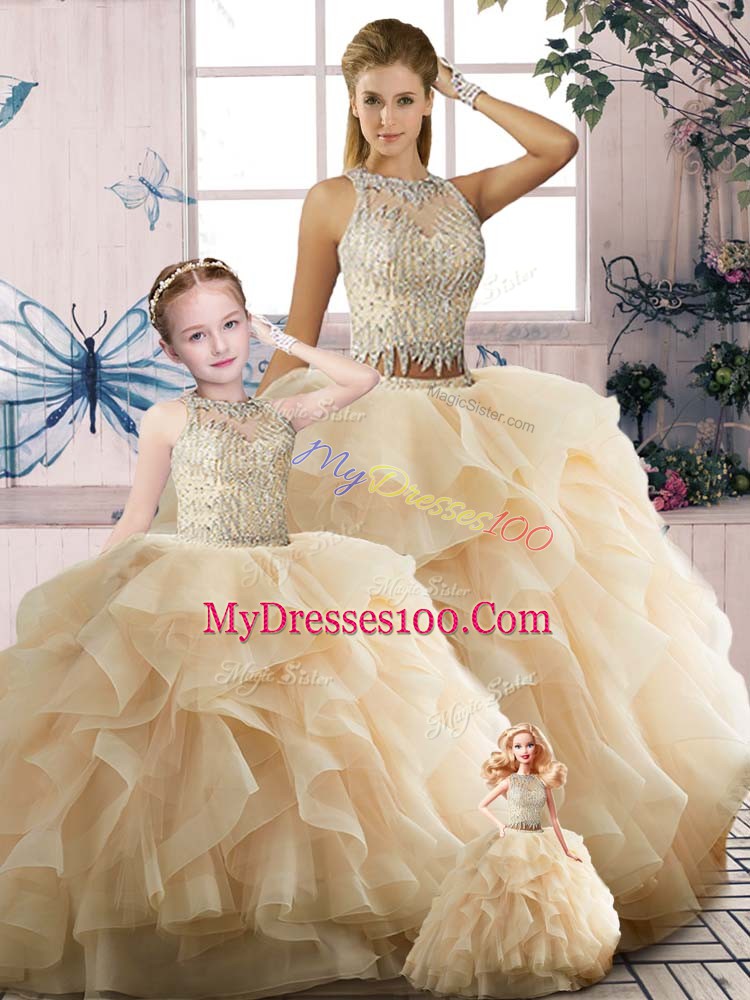 Glittering Champagne Sleeveless Floor Length Beading and Ruffles Zipper Quinceanera Gowns
