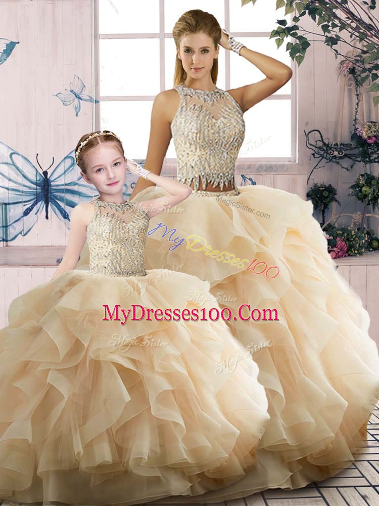 Glittering Champagne Sleeveless Floor Length Beading and Ruffles Zipper Quinceanera Gowns