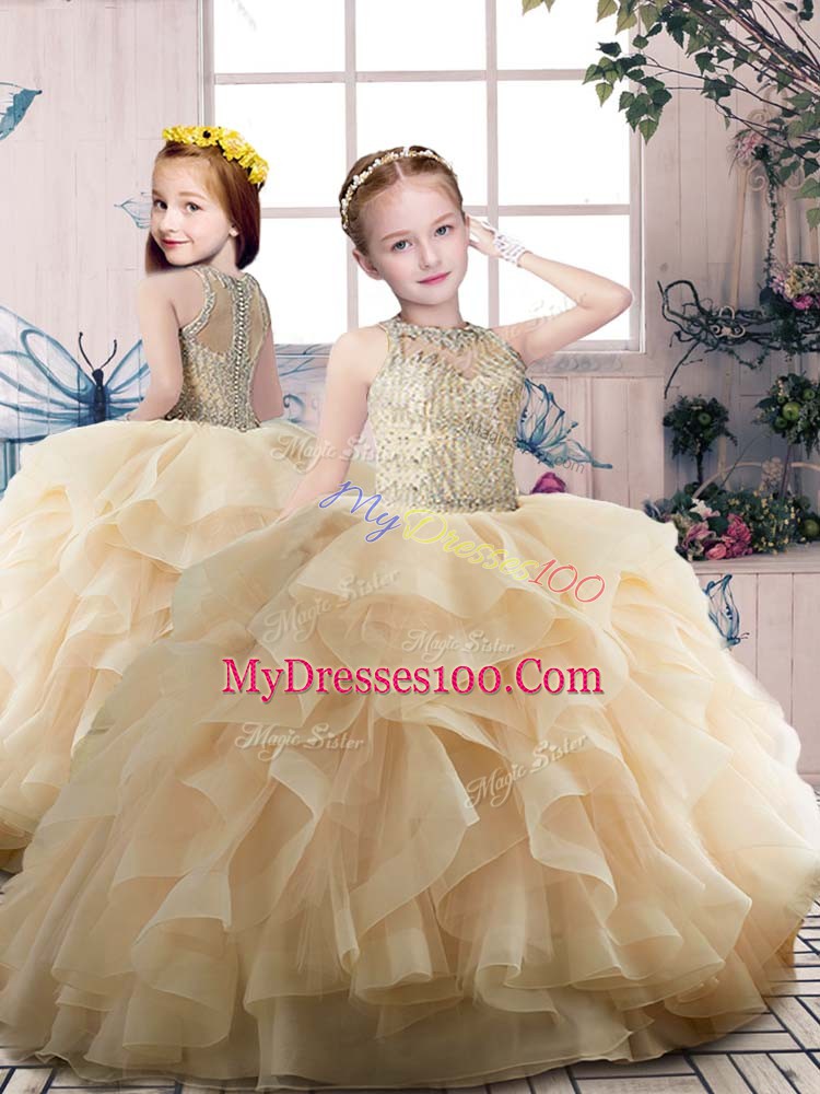 Glittering Champagne Sleeveless Floor Length Beading and Ruffles Zipper Quinceanera Gowns