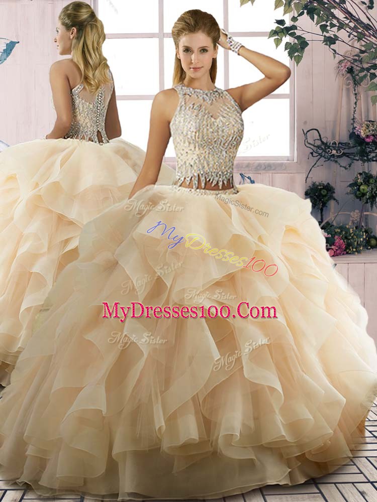 Glittering Champagne Sleeveless Floor Length Beading and Ruffles Zipper Quinceanera Gowns