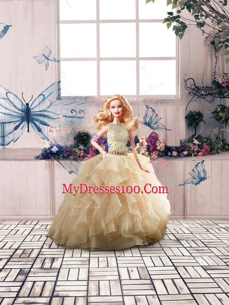 Glittering Champagne Sleeveless Floor Length Beading and Ruffles Zipper Quinceanera Gowns