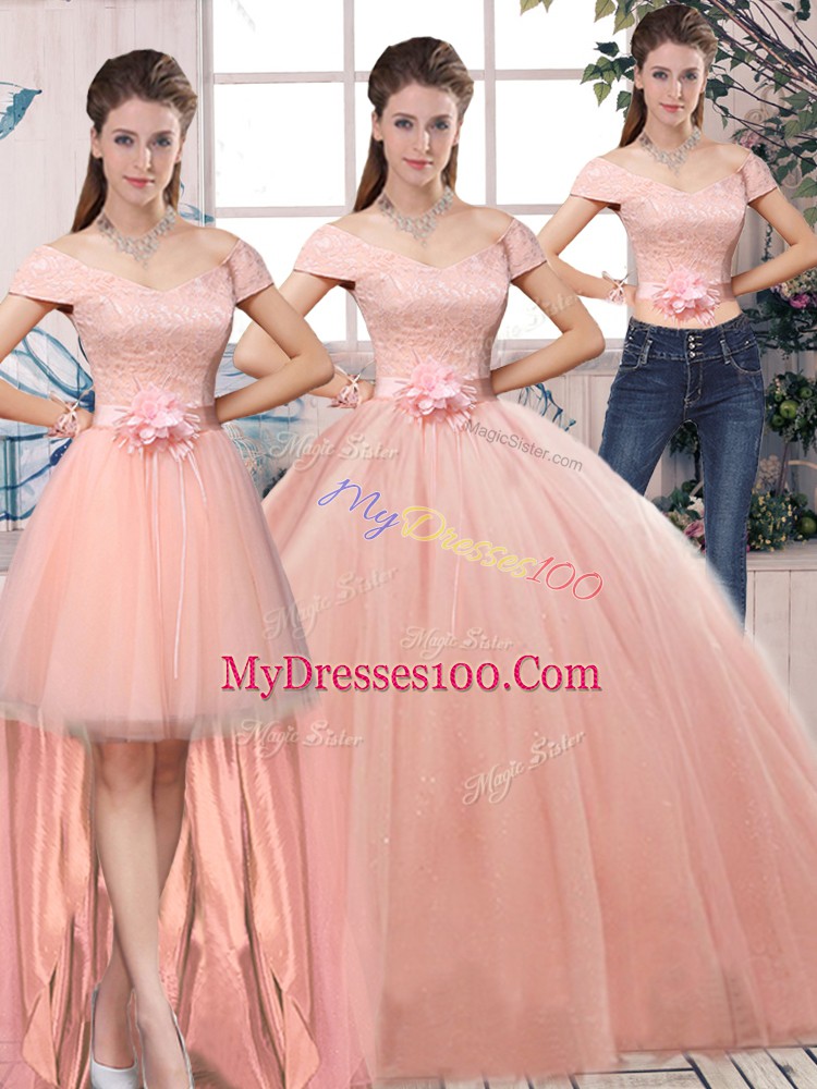 Perfect Off The Shoulder Short Sleeves Lace Up Quinceanera Dresses Pink Tulle