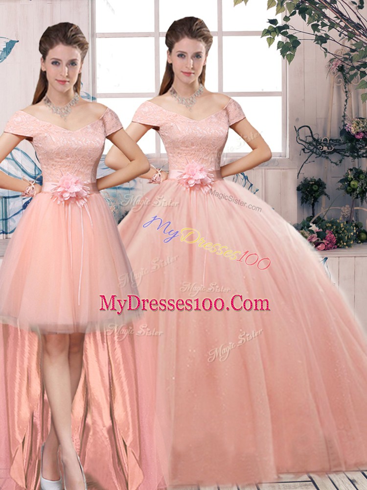Perfect Off The Shoulder Short Sleeves Lace Up Quinceanera Dresses Pink Tulle