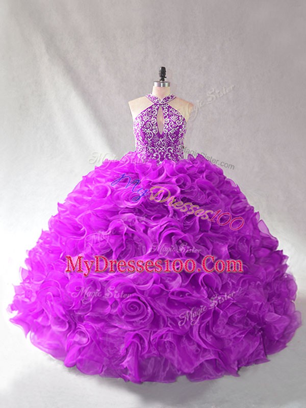 Wonderful Halter Top Sleeveless Organza Ball Gown Prom Dress Beading Lace Up