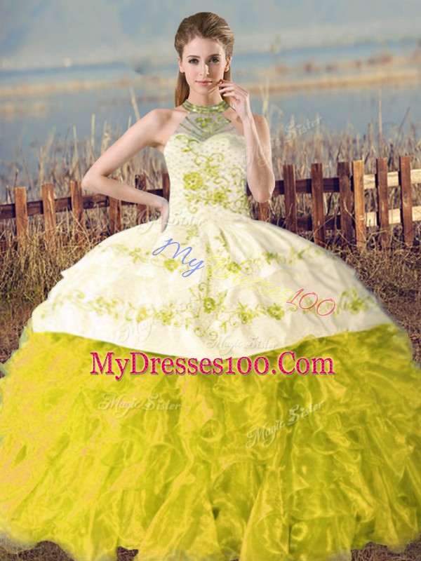 Custom Designed Halter Top Sleeveless Court Train Lace Up Ball Gown Prom Dress Yellow Green and Yellow Organza