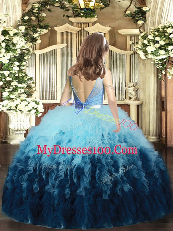 Sleeveless Floor Length Lace and Ruffles Backless Glitz Pageant Dress with Multi-color