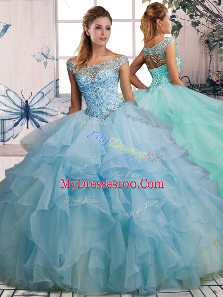 Off The Shoulder Sleeveless Organza Quinceanera Dress Beading and Ruffles Lace Up