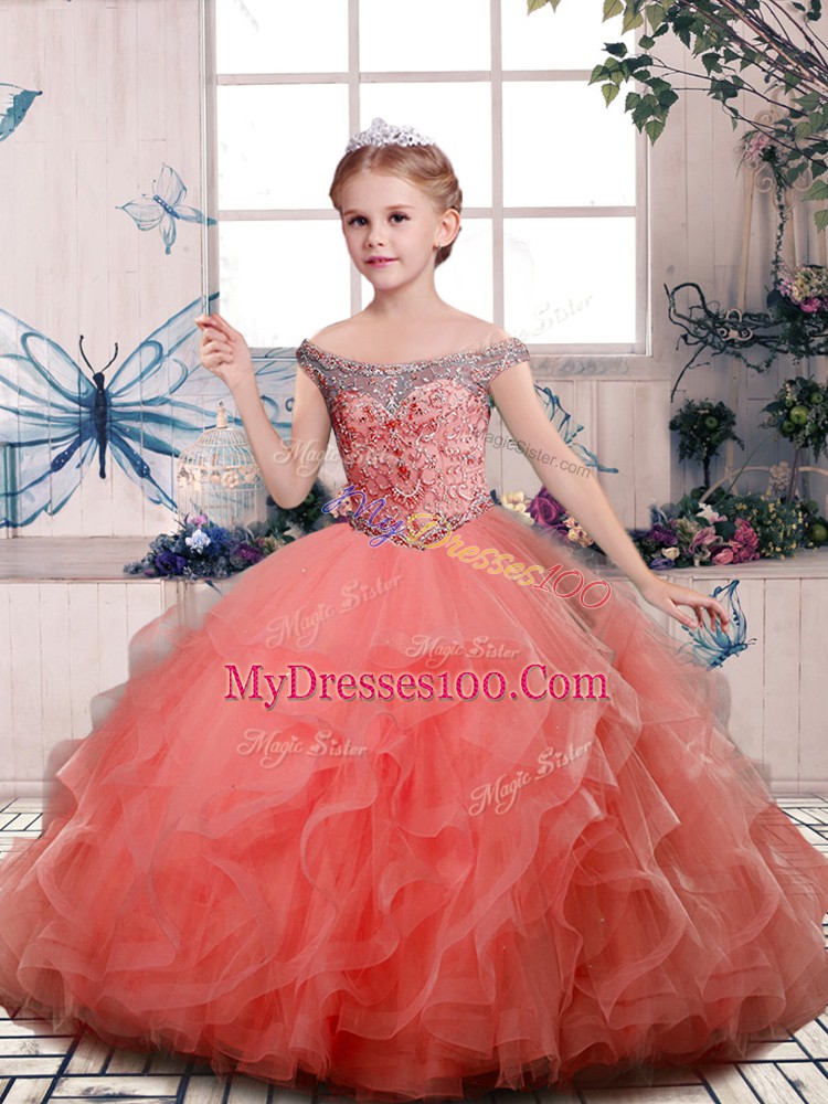 Charming Peach Child Pageant Dress Party and Sweet 16 and Wedding Party with Beading and Ruffles Off The Shoulder Sleeveless Lace Up