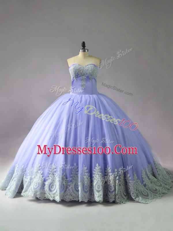 Colorful Tulle Sweetheart Sleeveless Court Train Lace Up Appliques Quinceanera Gowns in Lavender