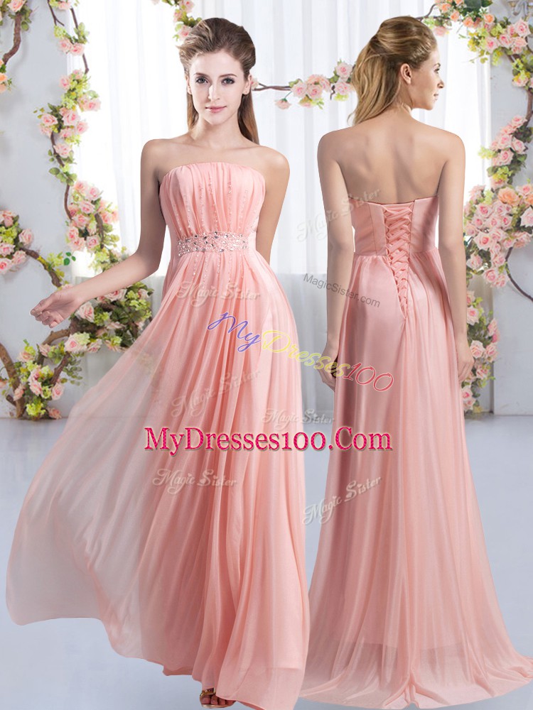 Pink Chiffon Lace Up Strapless Sleeveless Court Dresses for Sweet 16 Sweep Train Beading