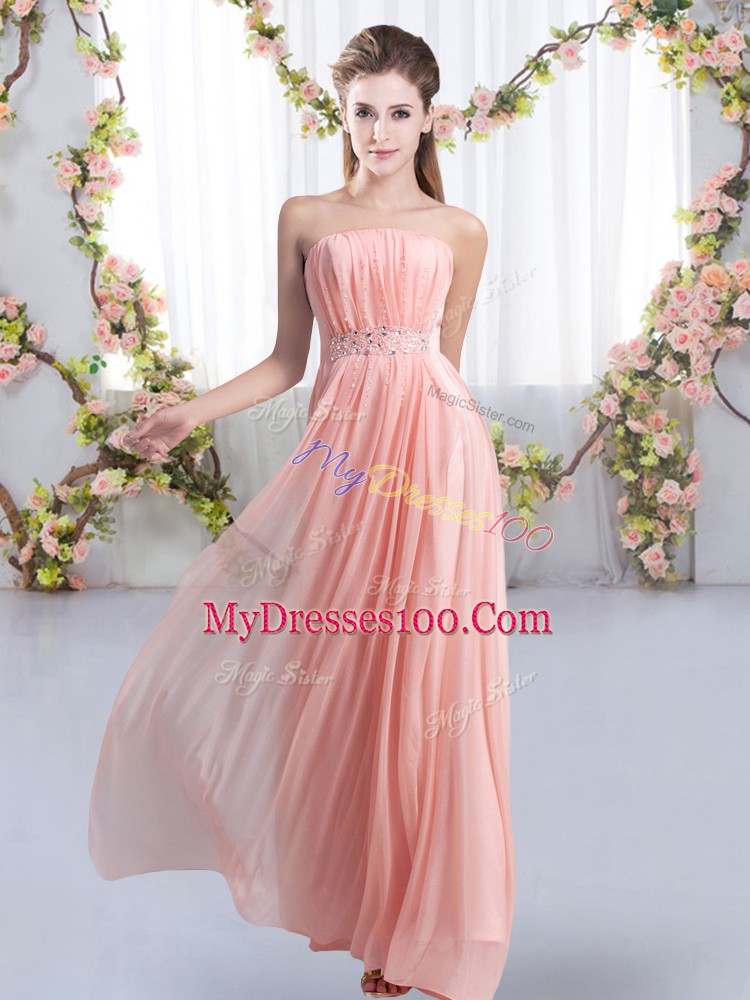 Pink Chiffon Lace Up Strapless Sleeveless Court Dresses for Sweet 16 Sweep Train Beading