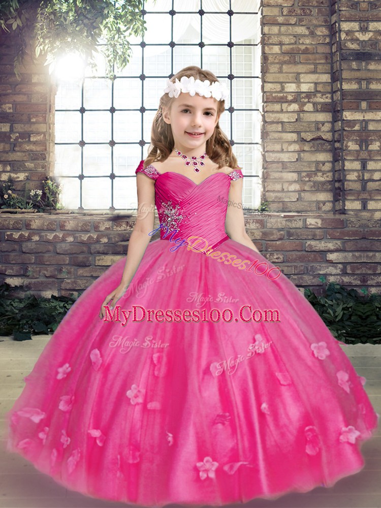 Hot Pink Lace Up Little Girls Pageant Gowns Beading and Hand Made Flower Sleeveless Floor Length