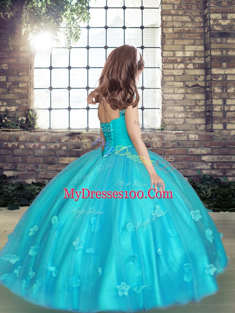 Hot Pink Lace Up Little Girls Pageant Gowns Beading and Hand Made Flower Sleeveless Floor Length