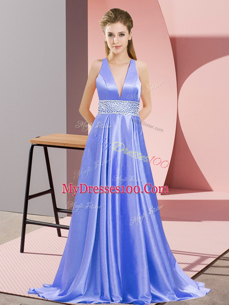 Smart Sleeveless Brush Train Beading Backless Evening Dress
