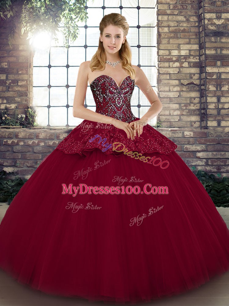 Traditional Sleeveless Tulle Floor Length Lace Up Sweet 16 Dresses in Burgundy with Beading and Appliques