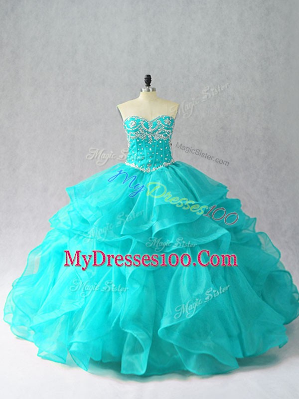 High Quality Aqua Blue Sleeveless Organza Lace Up Ball Gown Prom Dress for Sweet 16 and Quinceanera