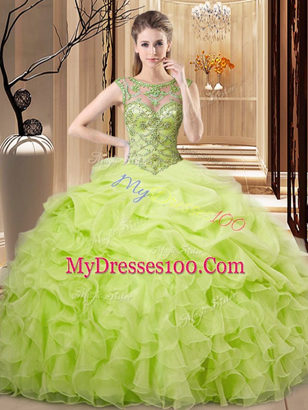 Dynamic Yellow Green Scoop Lace Up Beading and Ruffles and Pick Ups 15 Quinceanera Dress Sleeveless