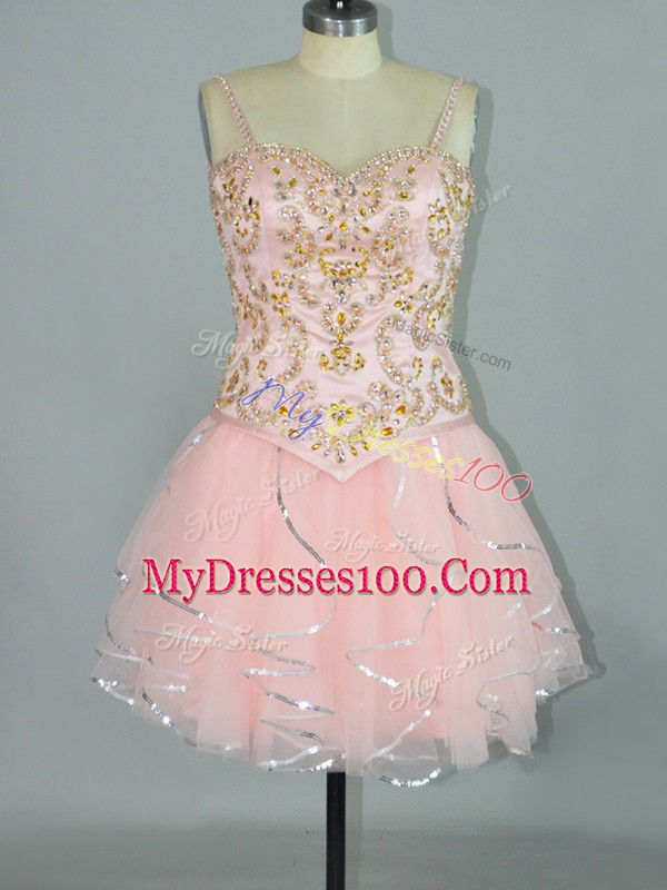 Pink Spaghetti Straps Lace Up Beading and Ruffles Sleeveless