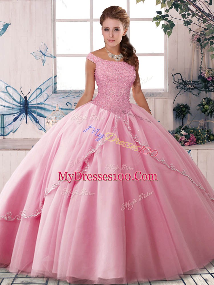 Nice Lace Up Quinceanera Gown Rose Pink for Military Ball and Sweet 16 and Quinceanera with Beading Brush Train