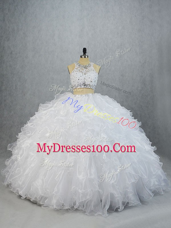 Brush Train Two Pieces 15th Birthday Dress White Scoop Organza Sleeveless Lace Up