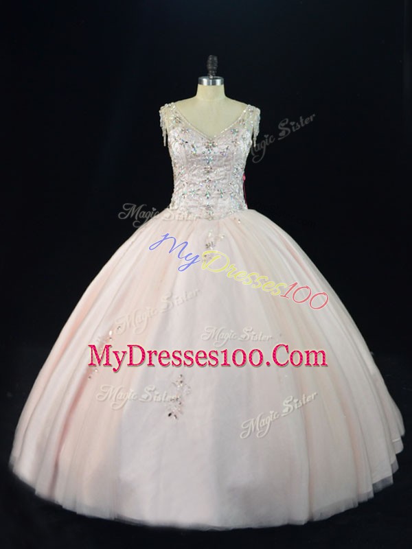 Pink Lace Up Quinceanera Dresses Beading Sleeveless Floor Length