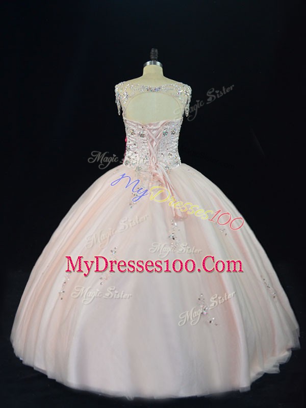 Pink Lace Up Quinceanera Dresses Beading Sleeveless Floor Length